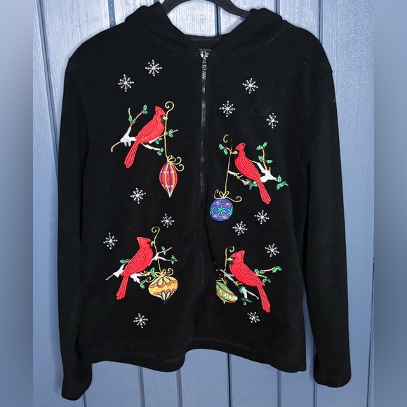 Vintage Beaded Snowflake Cardinal Fleece Top Jacket Shacket XL Christmas Winter - Picture 1 of 4